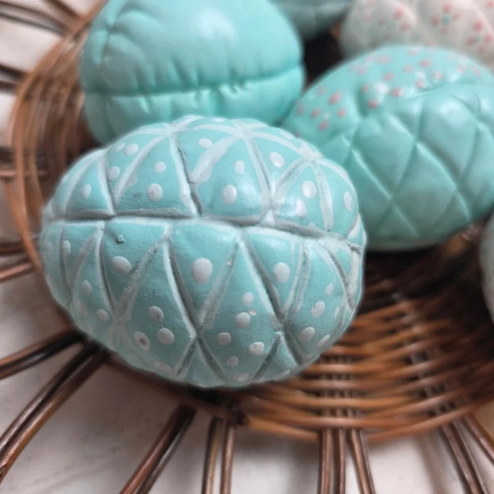 Vintage Quilted Ceramic Easter Egg Set of 6 Hand‎ Painted Blue White Cottagecore